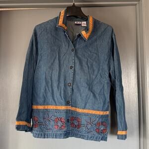 JM Collection Women's Chambray Embroidered Button Top Long Sleeve Rhinestones L